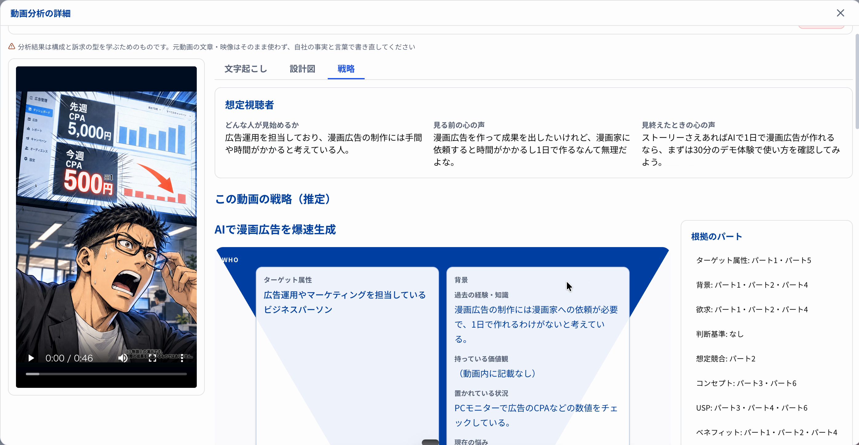 動画分析の詳細。戦略タブに想定視聴者とこの動画の戦略（推定）が表示されている画面