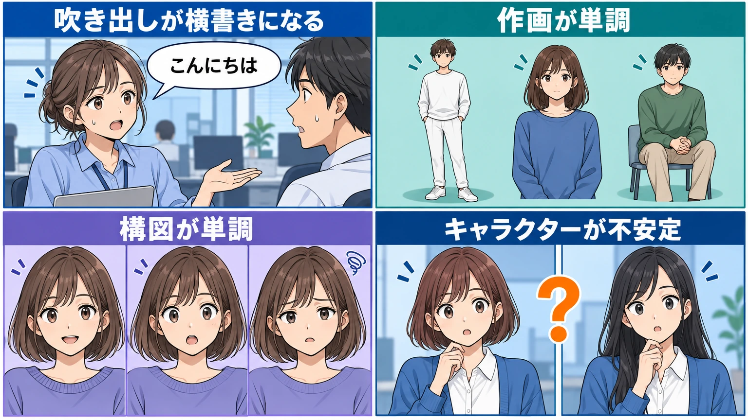 吹き出しが横書きになる、作画が単調、構図が単調、キャラクターが不安定。4つの課題を表情のあるカラー漫画で紹介