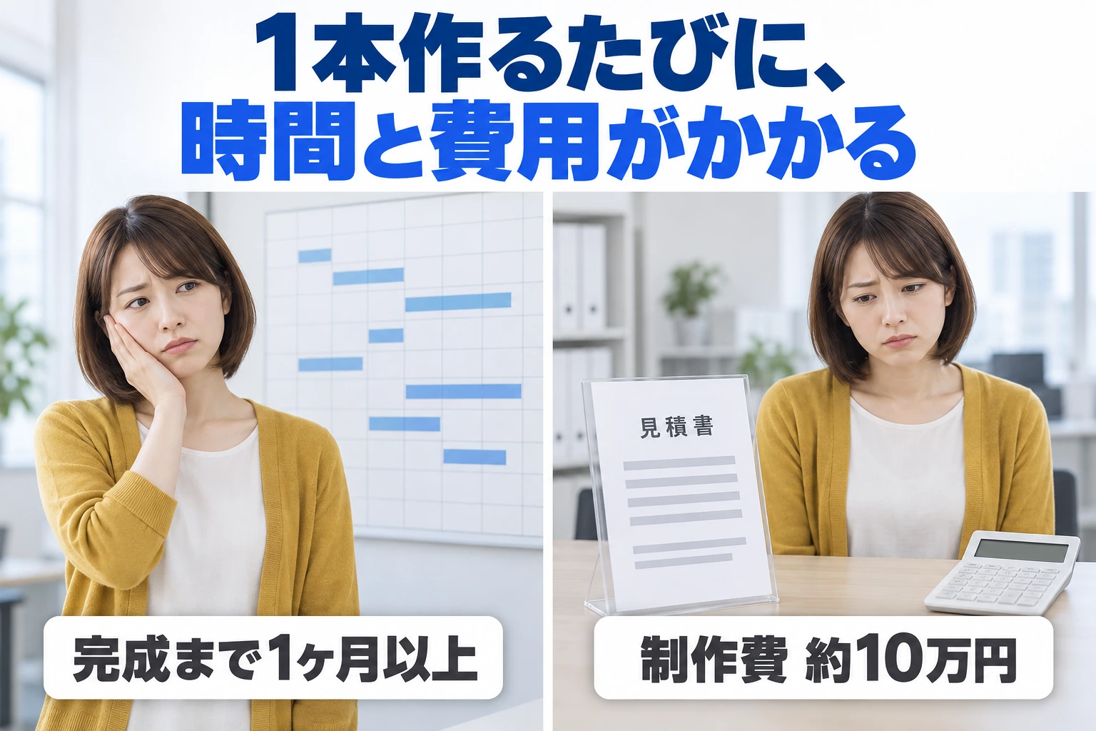 1本作るたびに、時間と費用がかかる。カレンダーを前に困る女性と、見積書を見て困る女性。完成まで1ヶ月以上、制作費 約10万円。