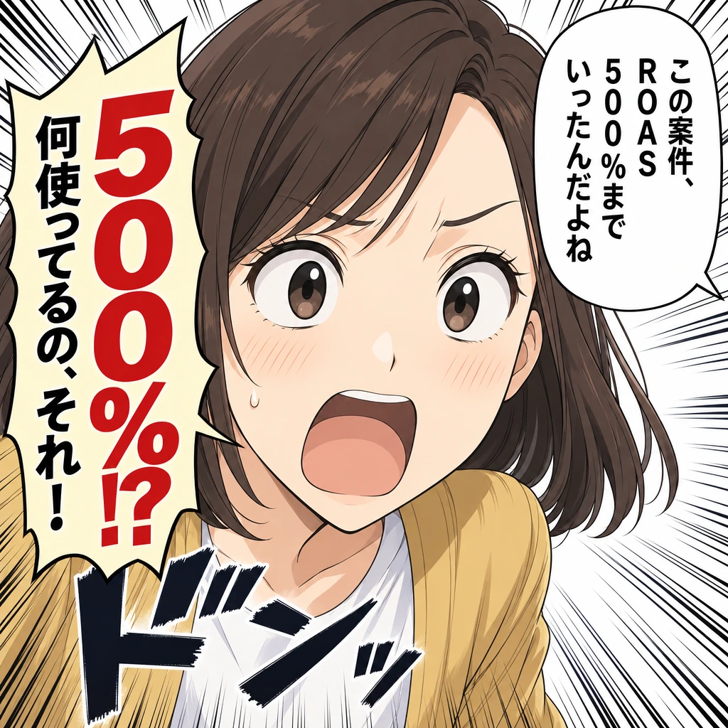 この案件、ROAS500%までいったんだよね／500%!? 何使ってるの、それ！／ドンッ
