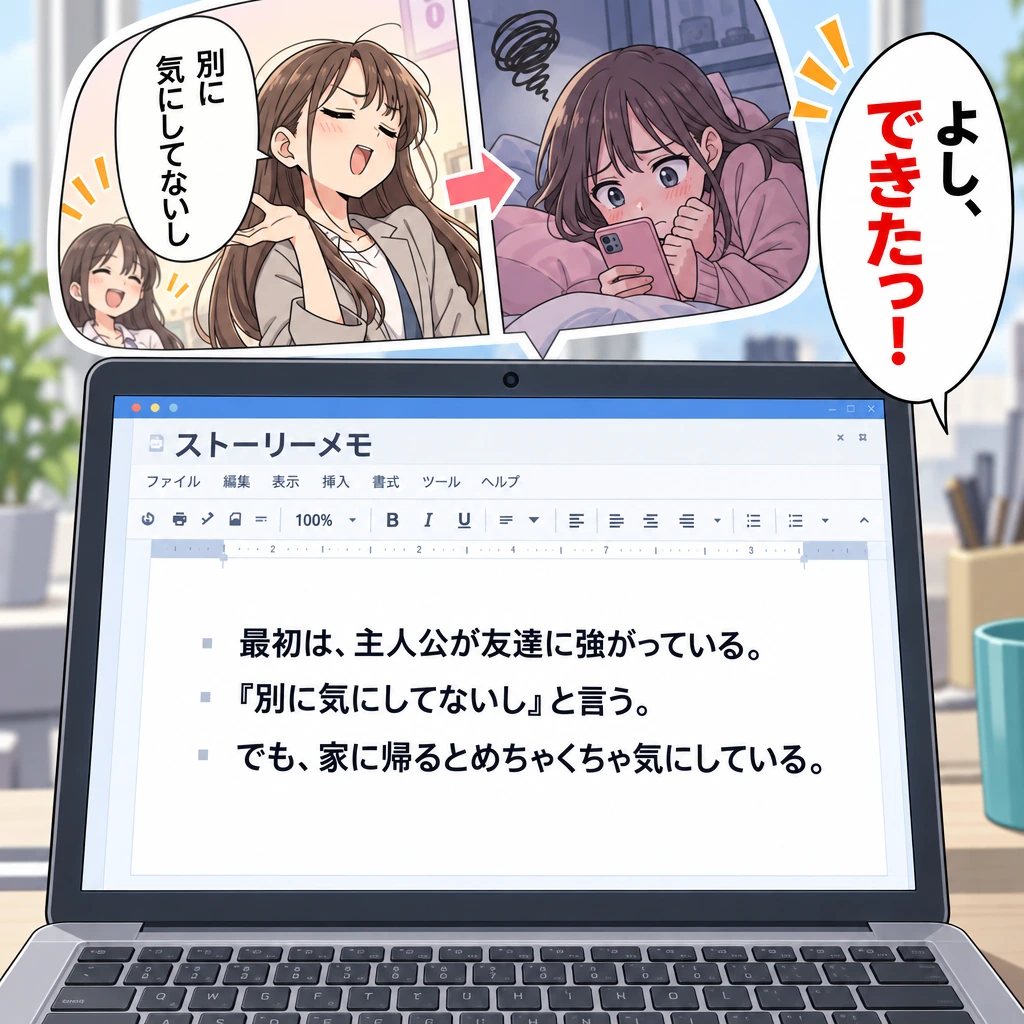 よし、できたっ！／最初は、主人公が友達に強がっている。／『別に気にしてないし』と言う。／でも、家に帰るとめちゃくちゃ気にしている。
