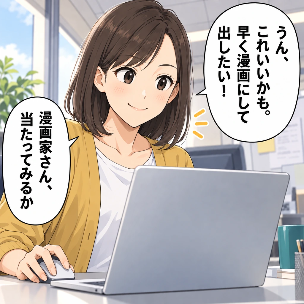 うん、これいいかも。早く漫画にして出したい！／漫画家さん、当たってみるか