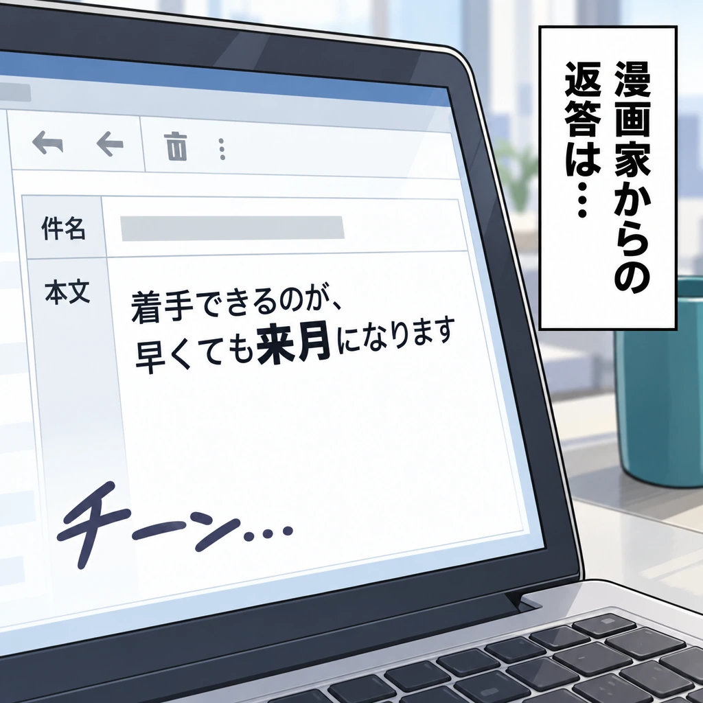 漫画家からの返答は…／着手できるのが、早くても来月になります／チーン…