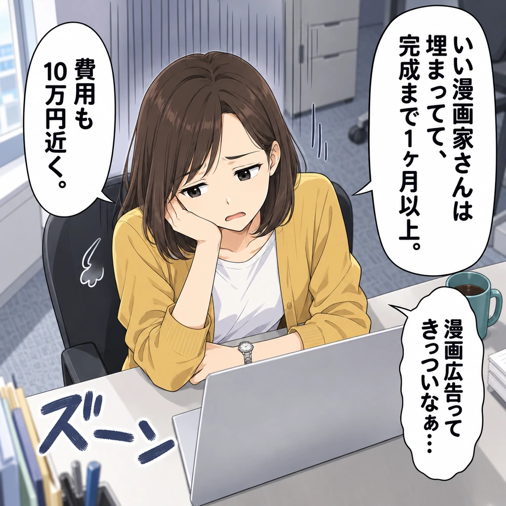 いい漫画家さんは埋まってて、完成まで1ヶ月以上。／費用も10万円近く。／漫画広告ってきっついなぁ…／ズーン