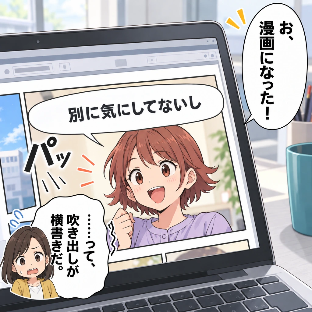 お、漫画になった！／別に気にしてないし／パッ／……って、吹き出しが横書きだ。