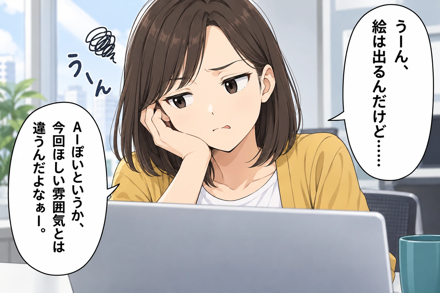うーん、絵は出るんだけど……／うーん／AIぽいというか、今回ほしい雰囲気とは違うんだよなぁー。