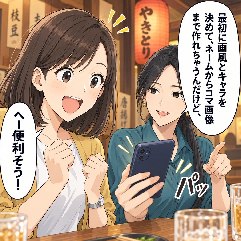最初に画風とキャラを決めて、ネームからコマ画像まで作れちゃうんだけど、／へー便利そう！／パッ