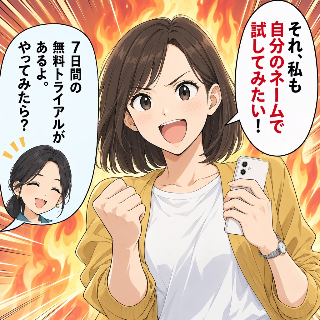 それ、私も自分のネームで試してみたい！／7日間の無料トライアルがあるよ。やってみたら？