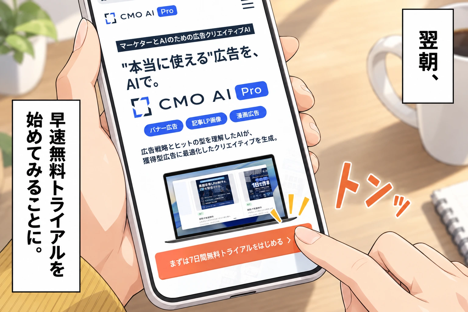 翌朝、／早速無料トライアルを始めてみることに。／トンッ