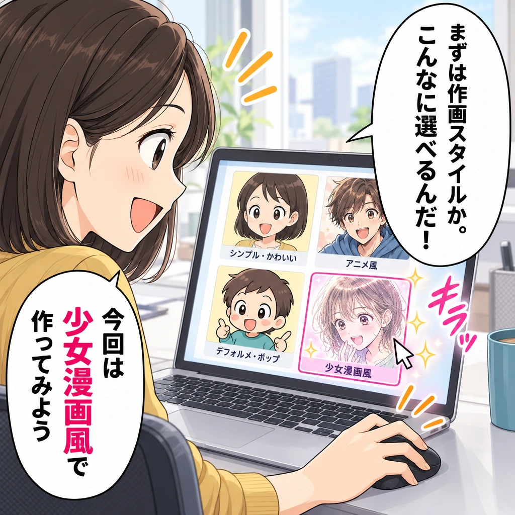 まずは作画スタイルか。こんなに選べるんだ！／今回は少女漫画風で作ってみよう／キラッ