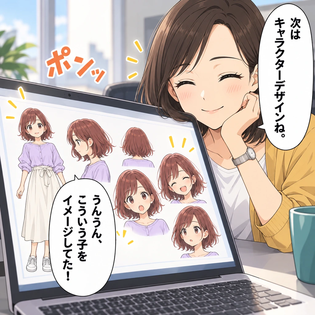 次はキャラクターデザインね。／うんうん、こういう子をイメージしてた！／ポンッ