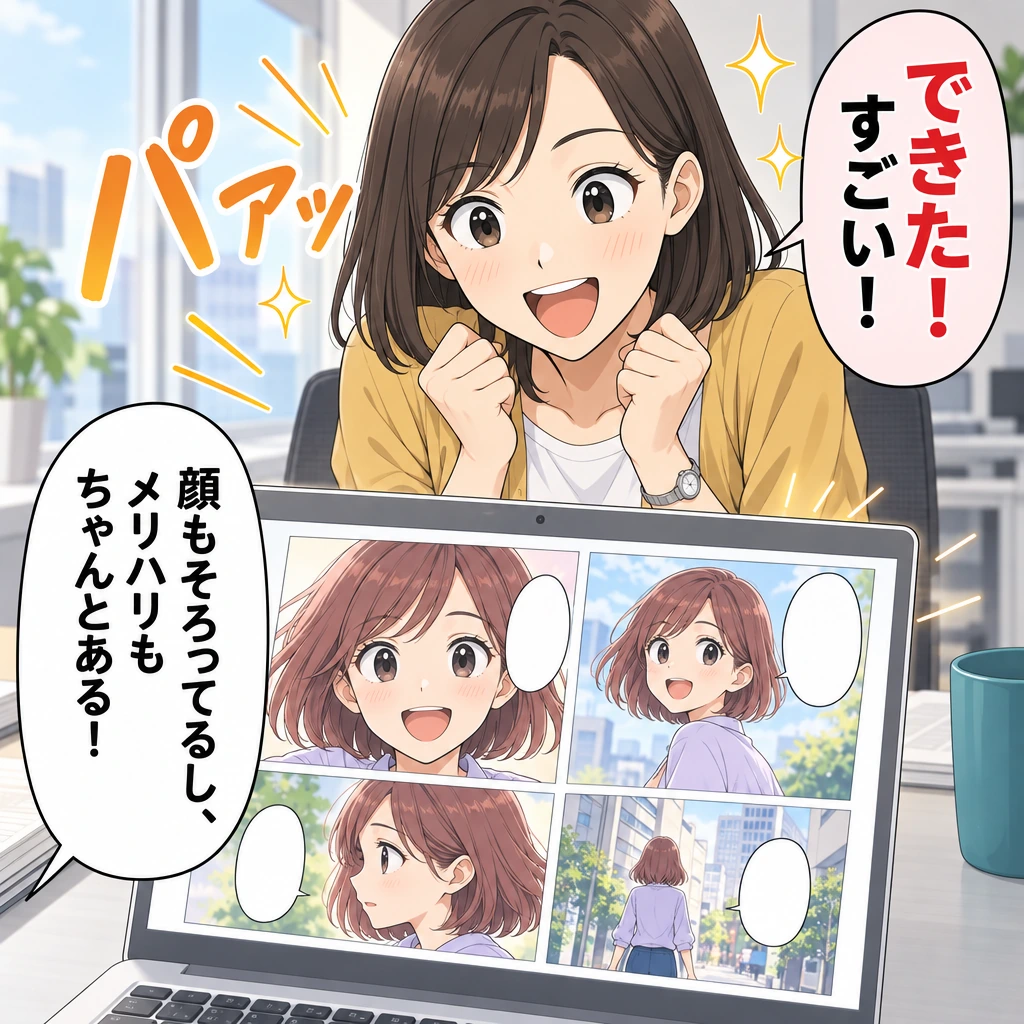 できた！ すごい！／パァッ／顔もそろってるし、メリハリもちゃんとある！