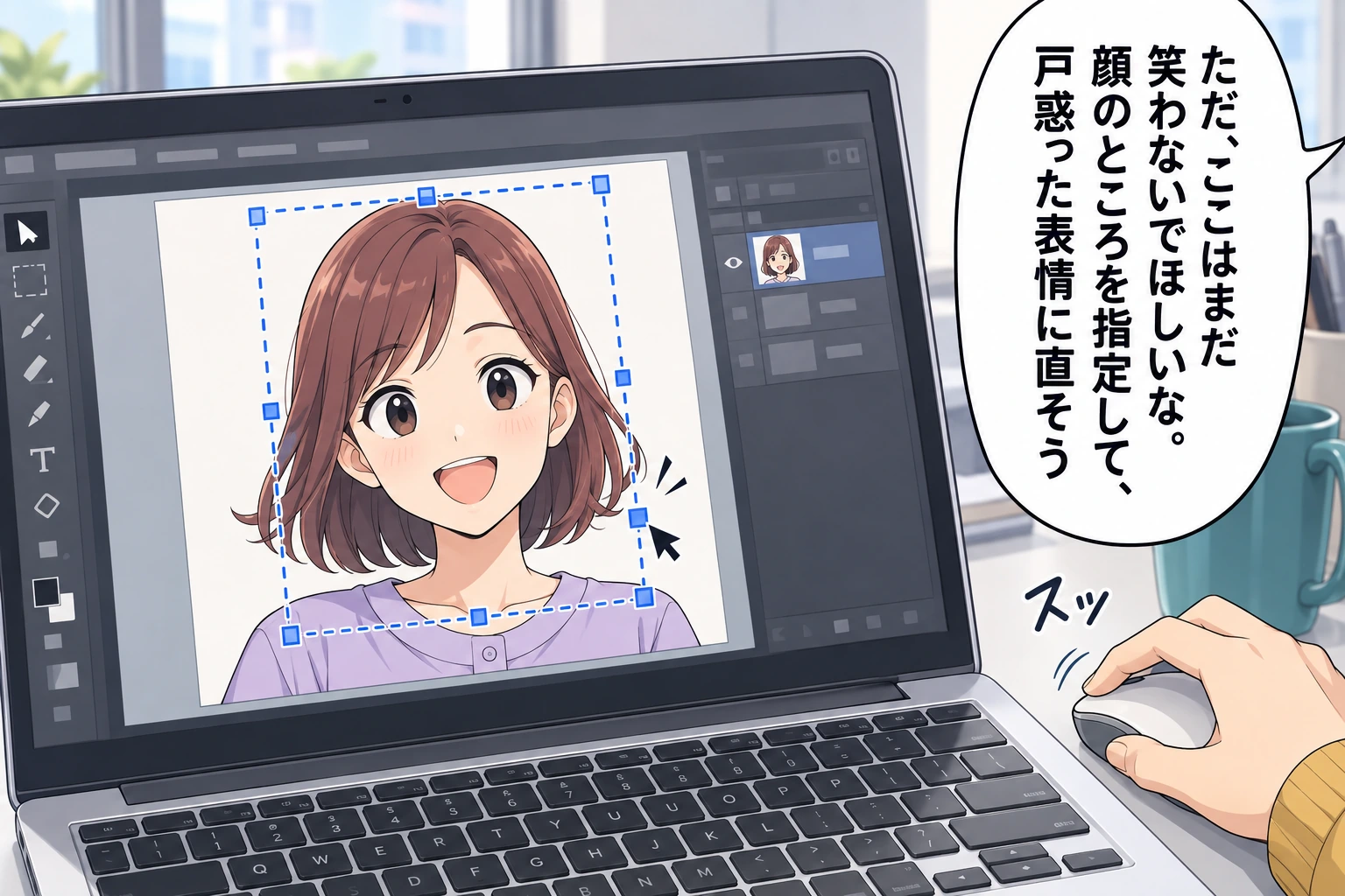 ただ、ここはまだ笑わないでほしいな。顔のところを指定して、戸惑った表情に直そう／スッ