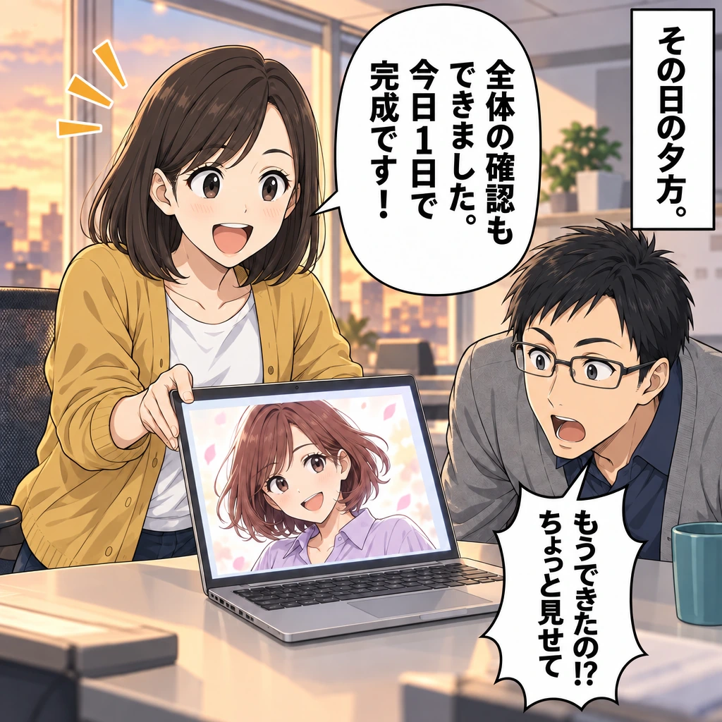 その日の夕方。／全体の確認もできました。今日1日で完成です！／もうできたの!? ちょっと見せて