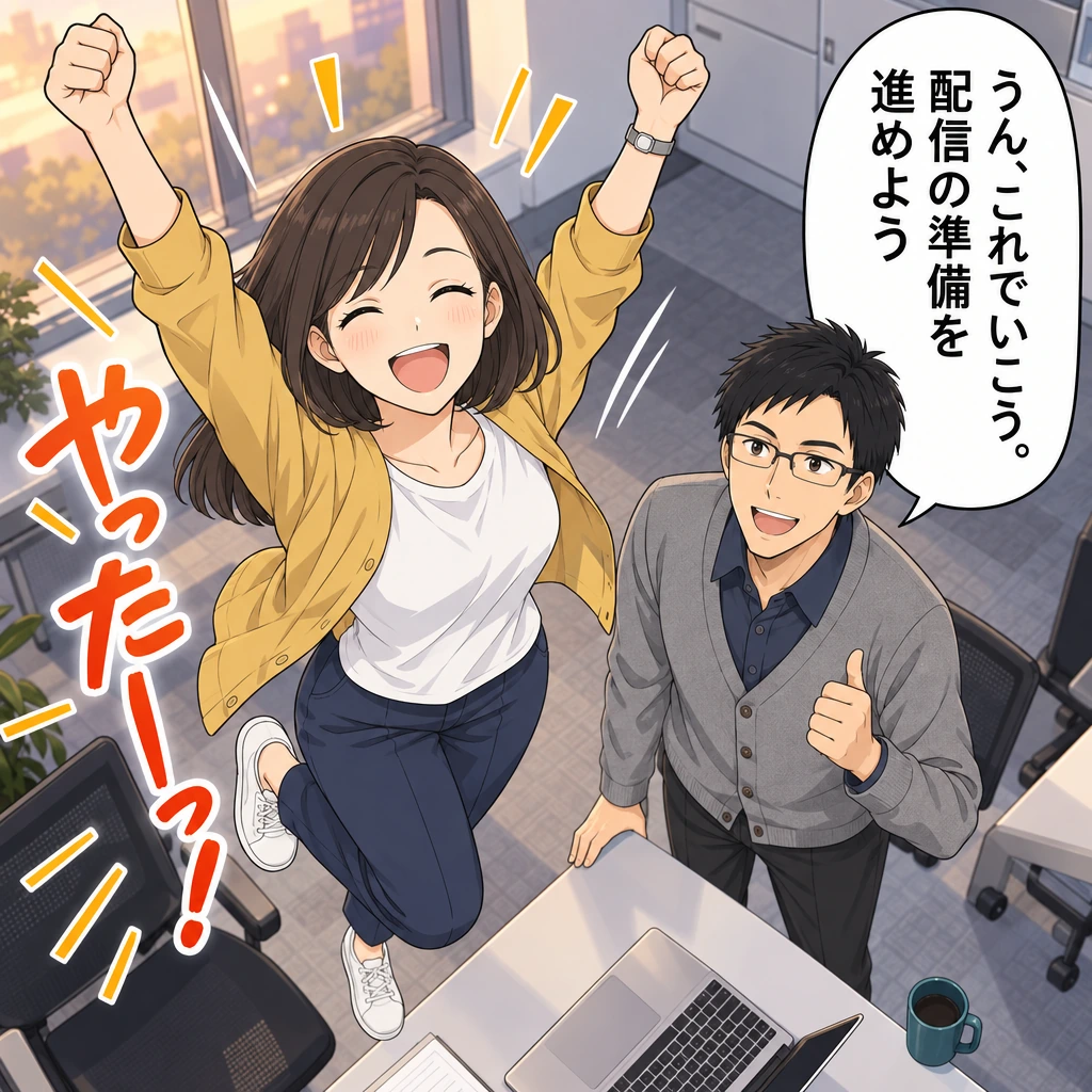 うん、これでいこう。配信の準備を進めよう／やったーっ！