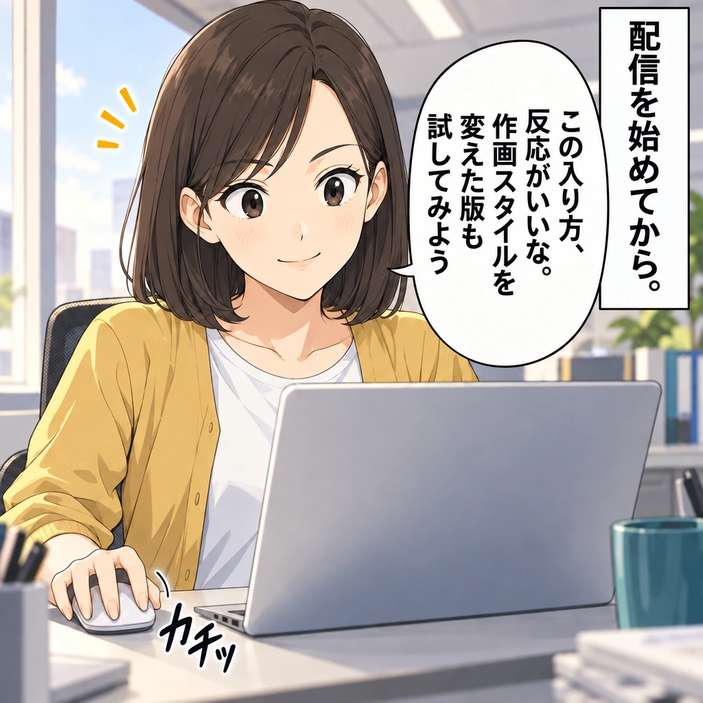 配信を始めてから。／この入り方、反応がいいな。作画スタイルを変えた版も試してみよう／カチッ