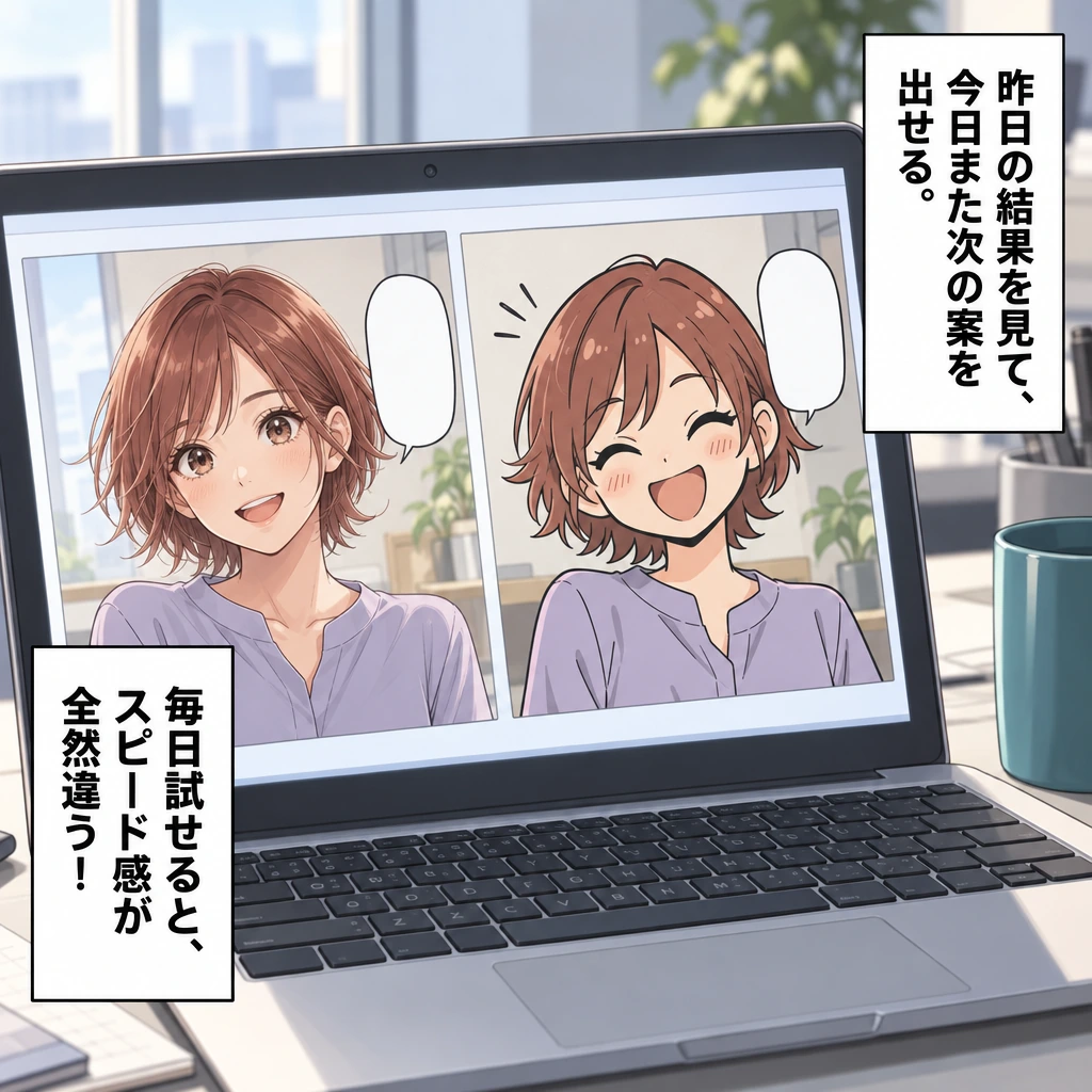 昨日の結果を見て、今日また次の案を出せる。／毎日試せると、スピード感が全然違う！