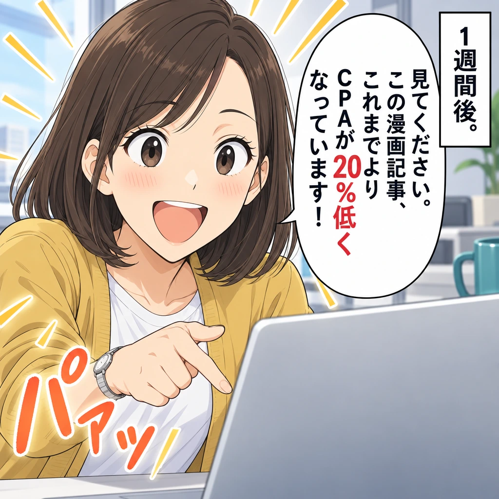 1週間後。／見てください。この漫画記事、これまでよりCPAが20%低くなっています！／パァッ
