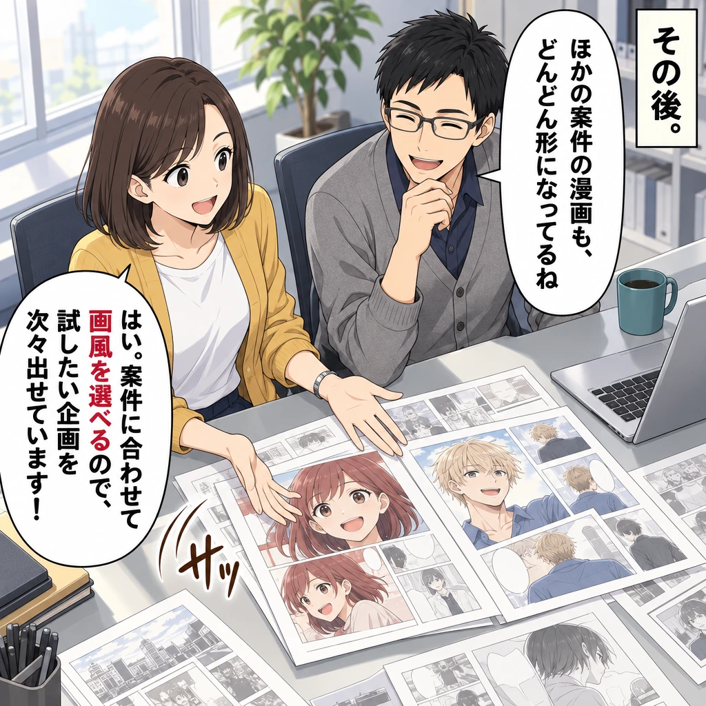 その後。／ほかの案件の漫画も、どんどん形になってるね／はい。案件に合わせて画風を選べるので、試したい企画を次々出せています！／サッ