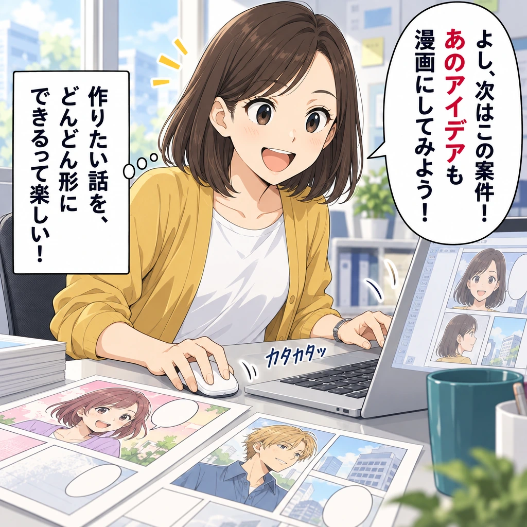 よし、次はこの案件！ あのアイデアも漫画にしてみよう！／作りたい話を、どんどん形にできるって楽しい！／カタカタッ